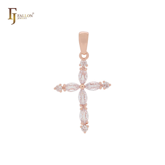 Latin cluster white CZs marquise 14K Gold, Rose Gold cross pendant