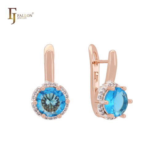 Solitaire Halo Big Rounded Colorful CZ Rose Gold two tone Clip-On Earrings