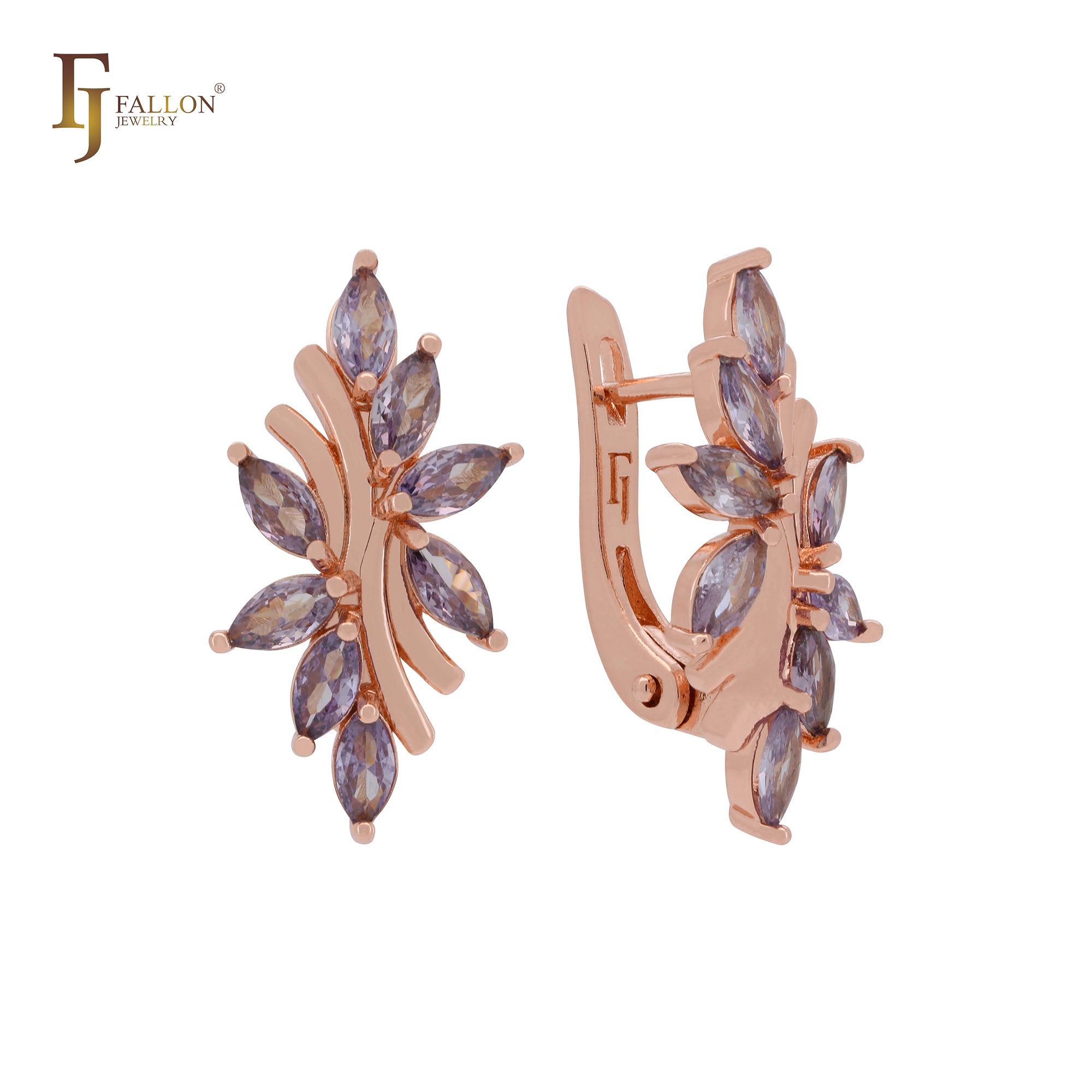 Cluster purple marquise CZs Rose Gold Russian Lock Earrings