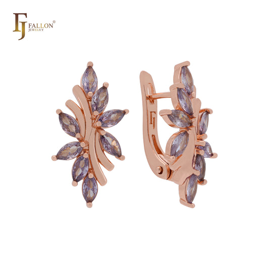 Cluster purple marquise CZs Rose Gold Russian Lock Earrings