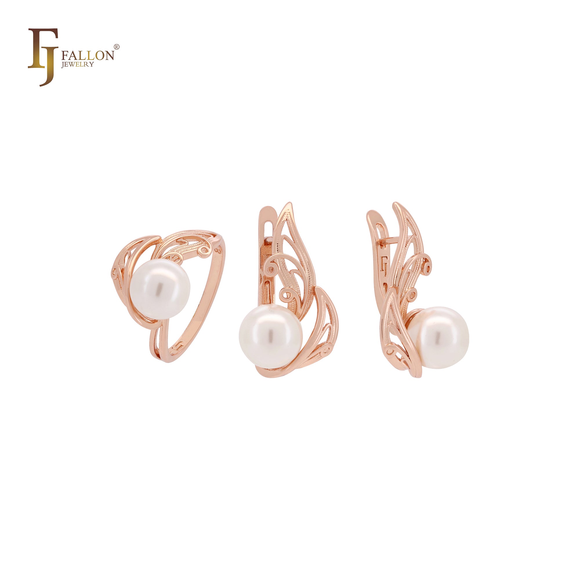 Fliegende Blätter aus Perlenfiligran Roségold-Schmuckset mit Ringen