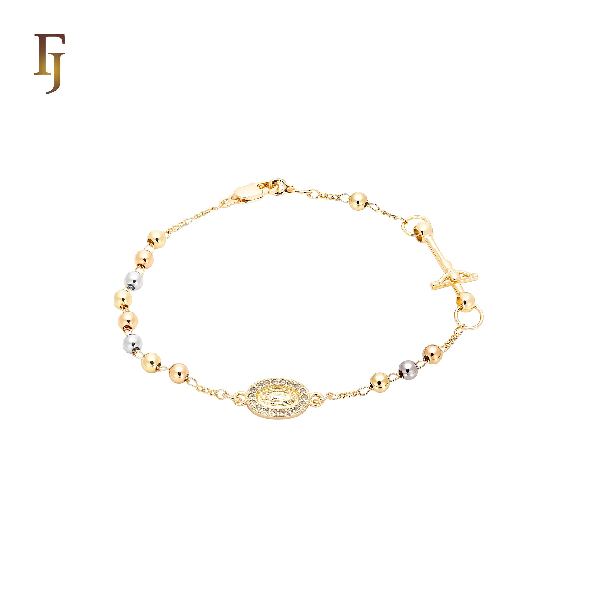 Religious 18K Gold two tone Rosary Necklace Guadalupe and Crucifix Cross Glossy Beads