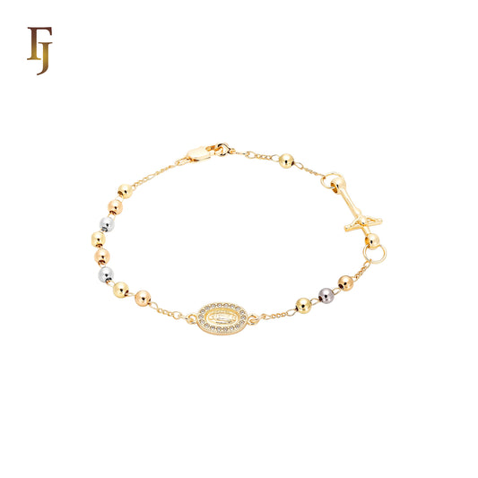 Religious 18K Gold two tone Rosary Necklace Guadalupe and Crucifix Cross Glossy Beads