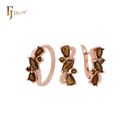 Great luxurious cluster coffee CZs Rose Gold Jewelry Set with Rings