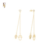 Gold Long Chain Hamsa Drop Earrings with CZ – Dainty Evil Eye Protection Jewelry for Women | FJ Jewelry