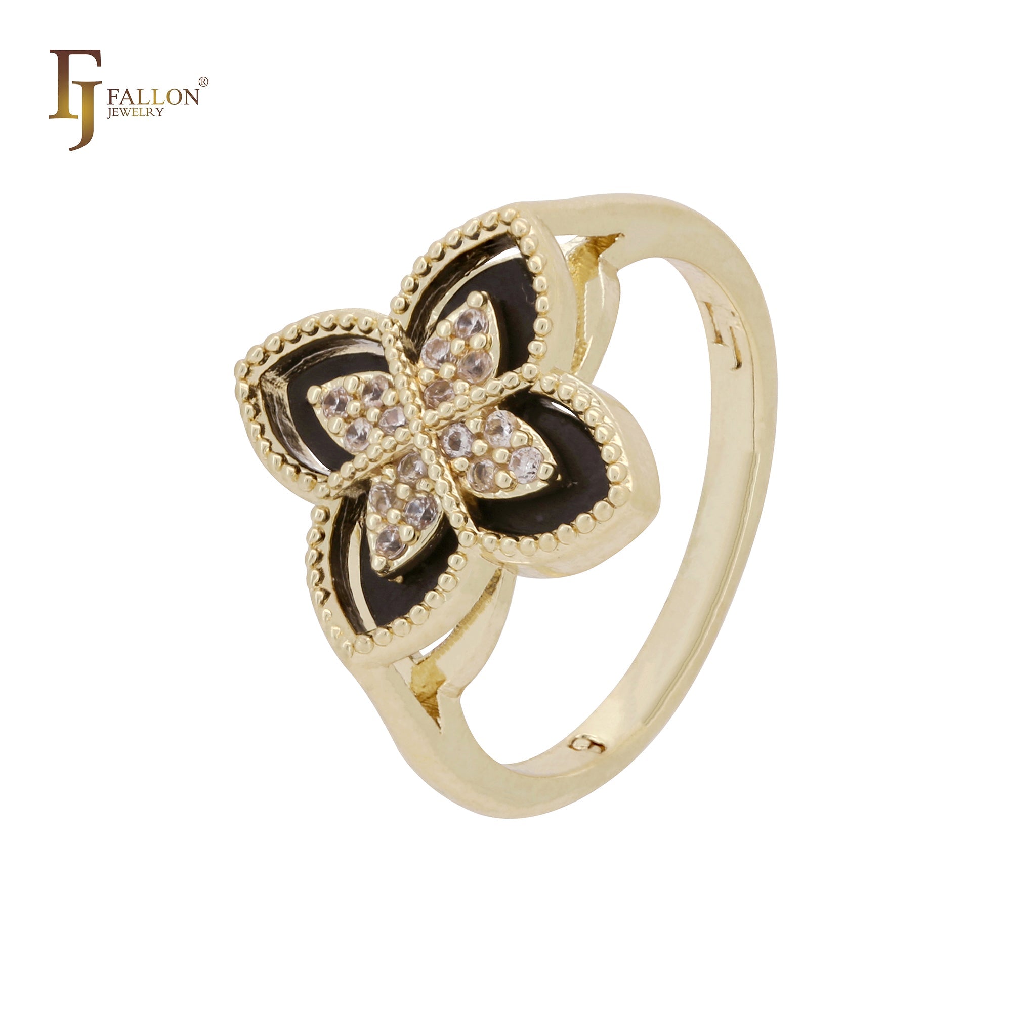 Anillos de moda de oro rosa y oro de 14 quilates con trébol en capas blanco y negro