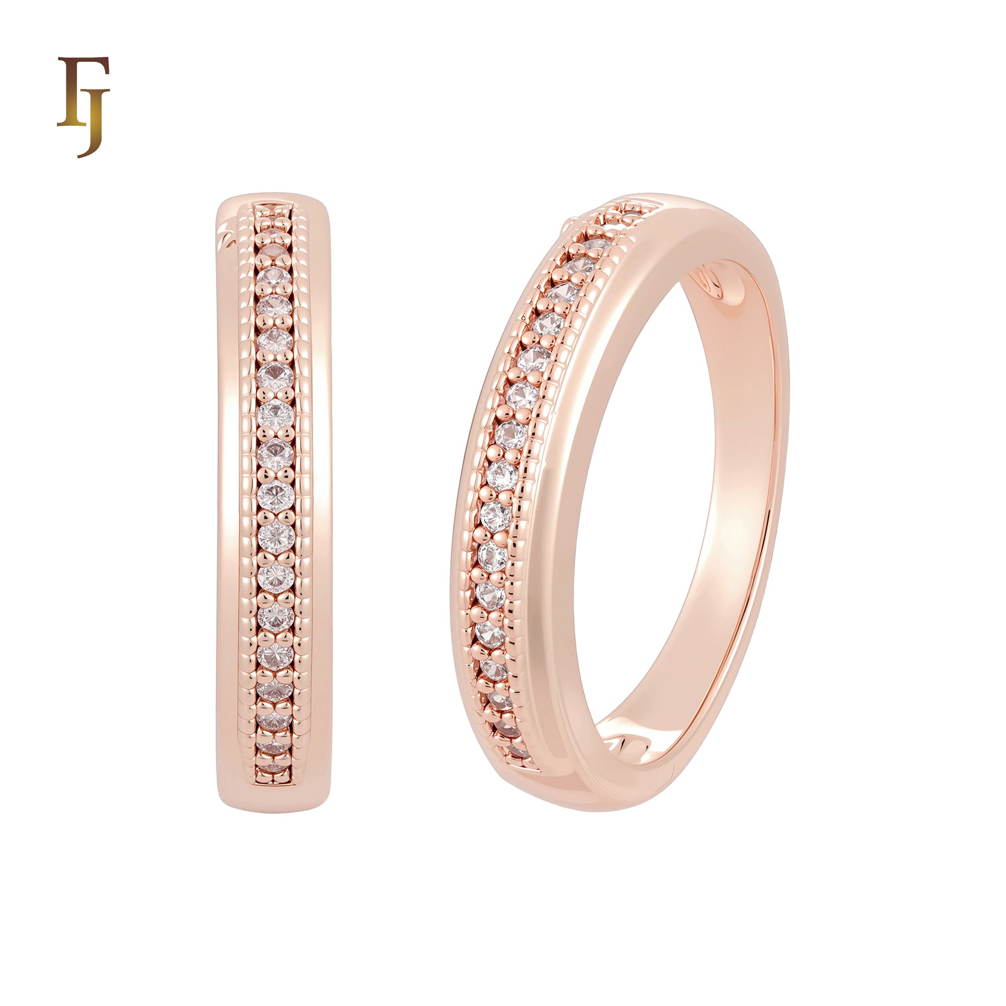 Centered paved white CZs 14K Gold, Rose Gold Wedding Set Rings Engagement and Band
