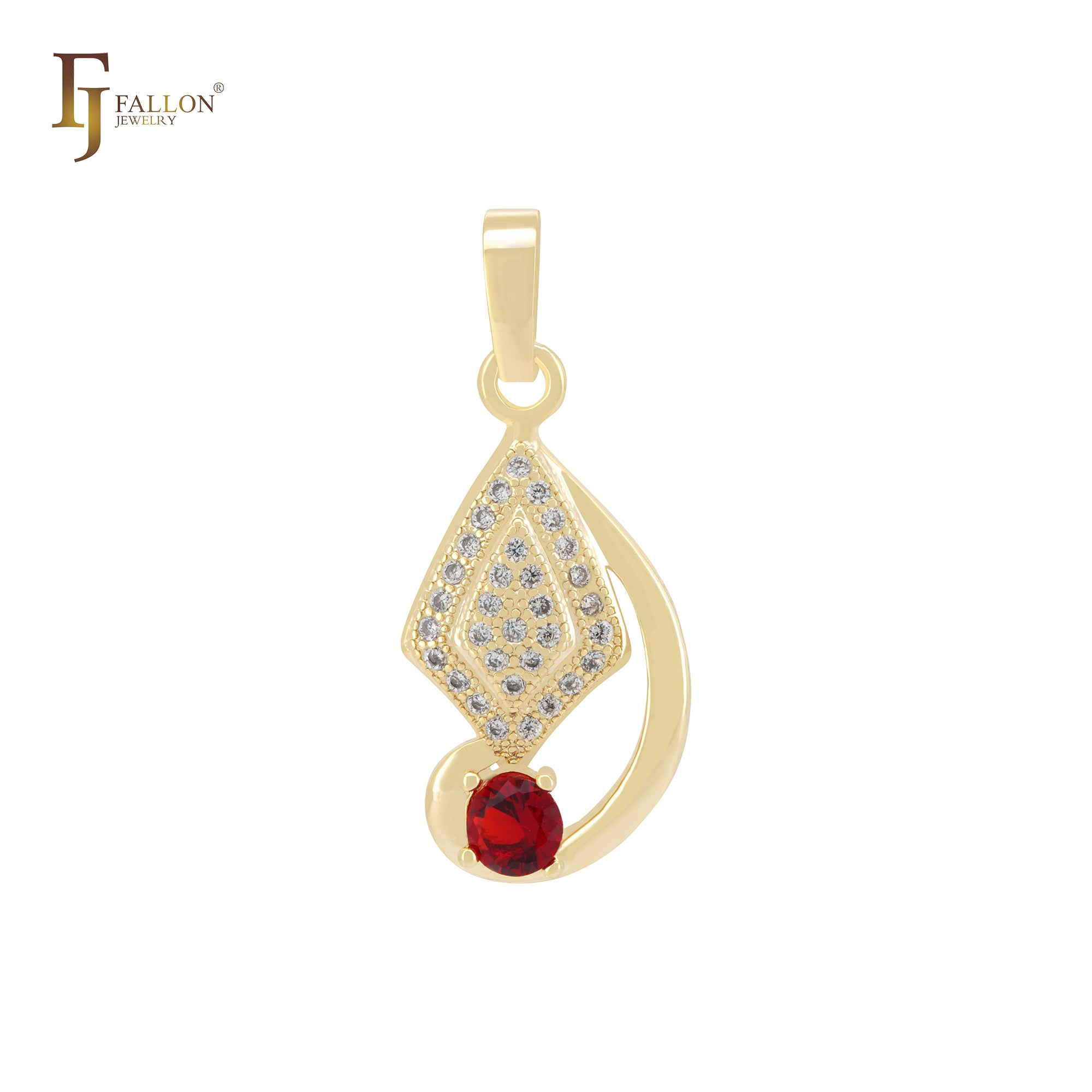 Rhombus Leaves of white CZs Solitaire Red CZ 14K Gold Pendant