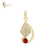 Rhombus Leaves of white CZs Solitaire Red CZ 14K Gold Pendant