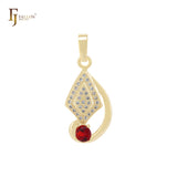 Rhombus Leaves of white CZs Solitaire Red CZ 14K Gold Pendant