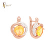 Triple spinning big solitaire rounded Yellow CZ Rose Gold two tone Russian Lock Earrings
