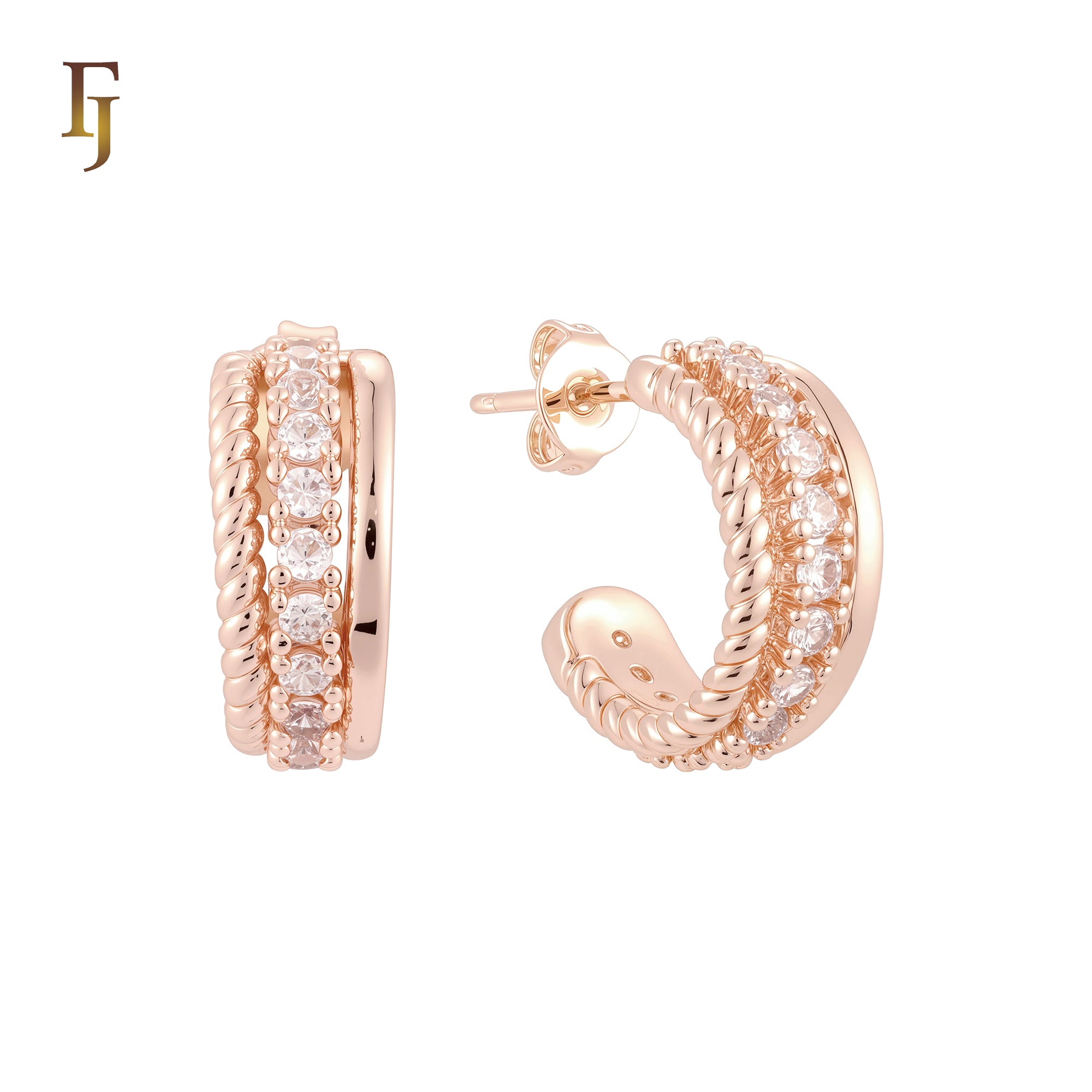 Rope and white Czs Row 14K Gold, Rose Gold C Hoop Stud Earrings
