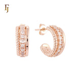 Rope and white Czs Row 14K Gold, Rose Gold C Hoop Stud Earrings
