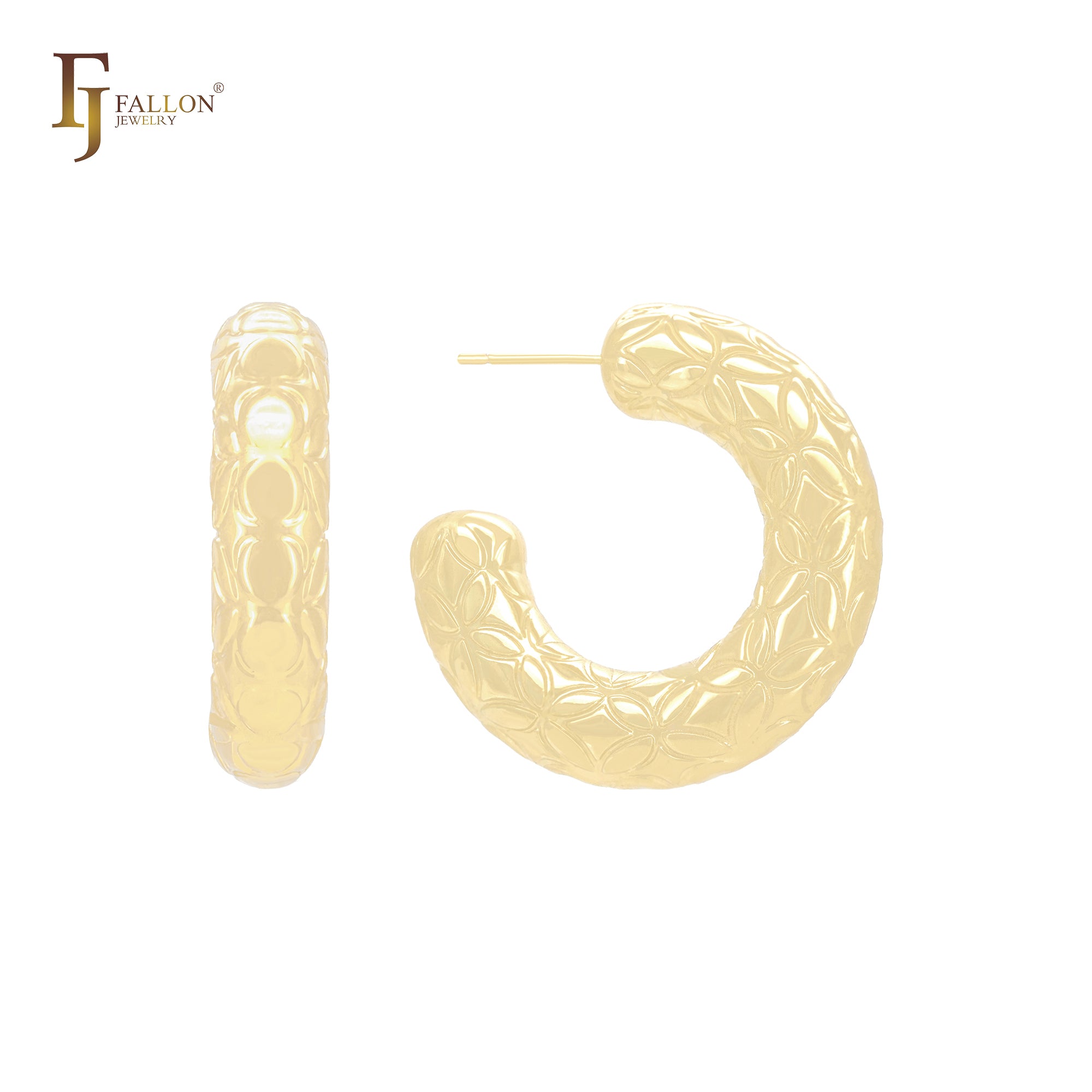 Brincos de argola em formato de C com textura de flor marquise em ouro 14K, ouro rosa e ouro branco