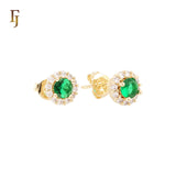 Halo white CZs of solitaire Emerald stone 14K Gold Stud Earrings