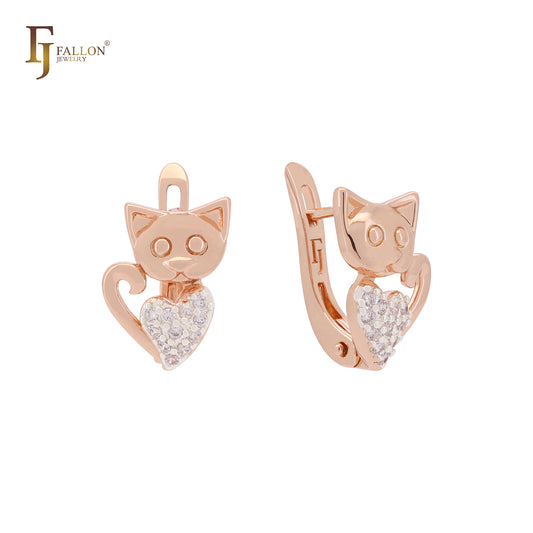 Brincos infantis fofos de zircônia cúbica branca em forma de coração com gatinho em ouro rosa