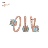 Conjunto de joias em ouro rosa com zircônias cúbicas brancas e flechas Chevron com garras, solitário, azul lago, zircônias cúbicas