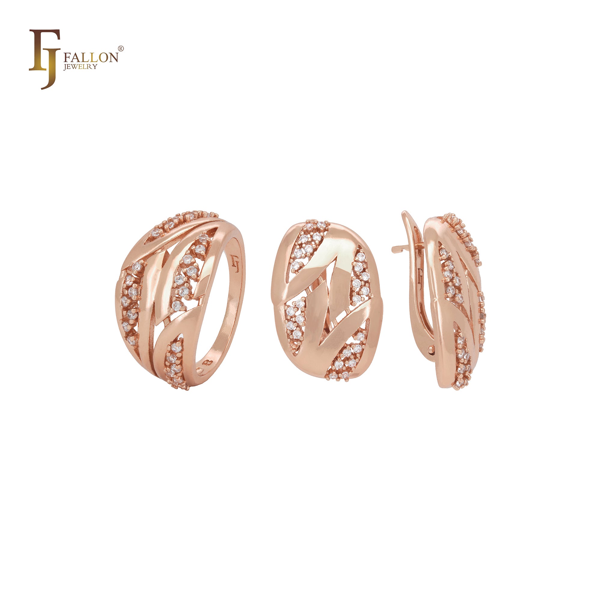 Cluster weiße CZs ineinandergreifendes Roségold-Schmuckset mit Ringen
