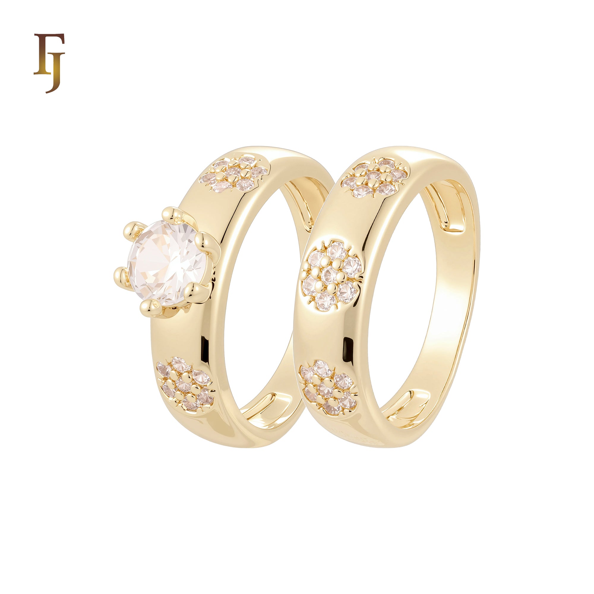 Triple Flowers white CZs 14K Gold, Rose Gold Wedding Set Rings