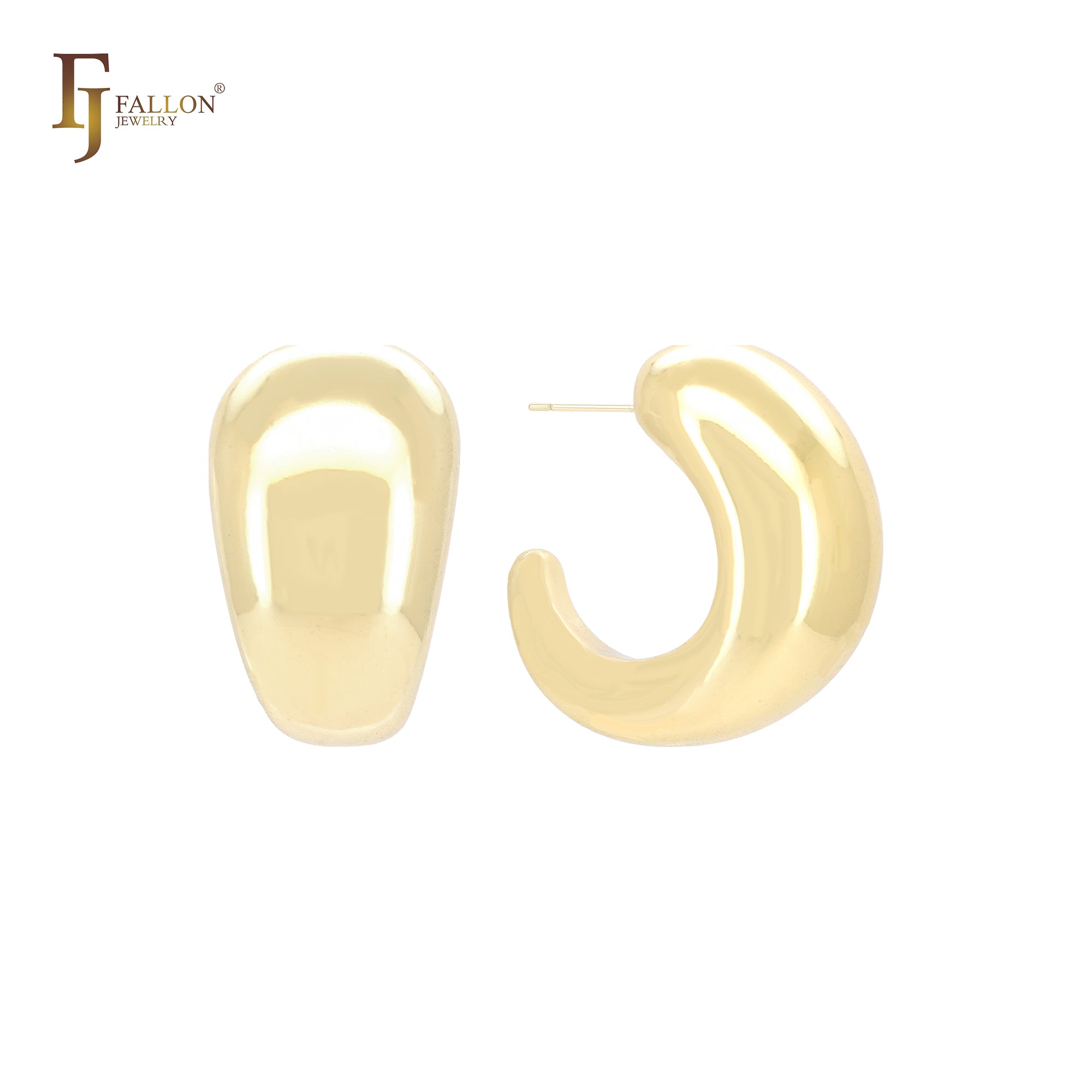 Brincos de pino curvos com dentes arredondados e brilhantes em ouro 14K, ouro rosa e ouro branco