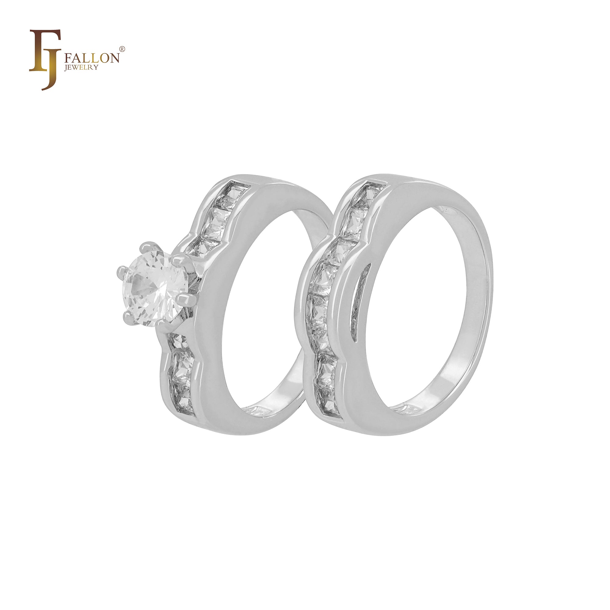 群镶白色方晶锆石 14K 金结婚戒指