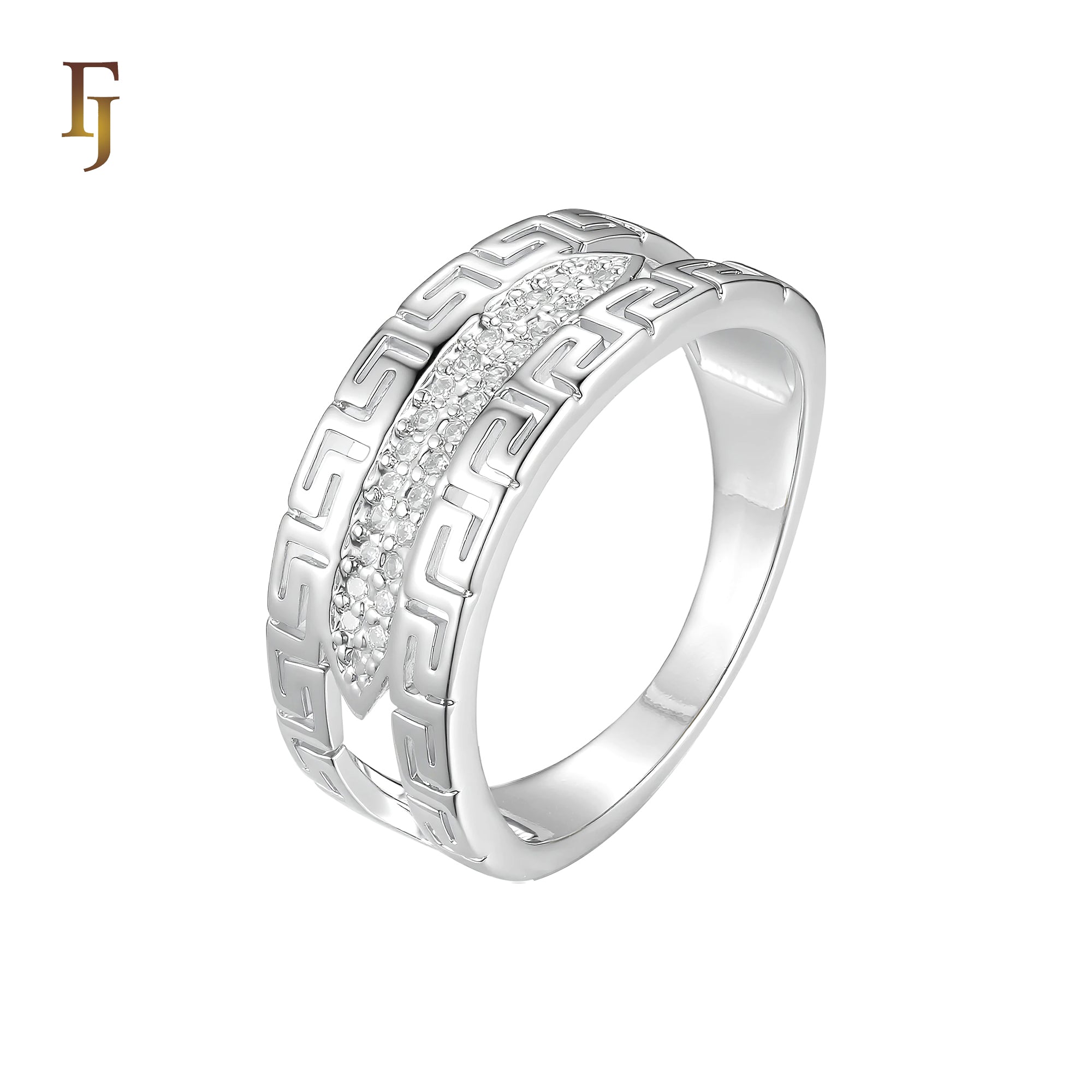Greek key paved white CZs 14K Gold rings
