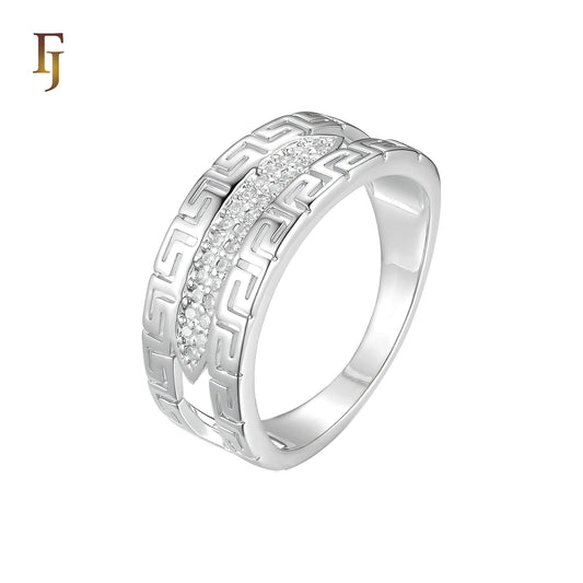 Greek key paved white CZs 14K Gold rings