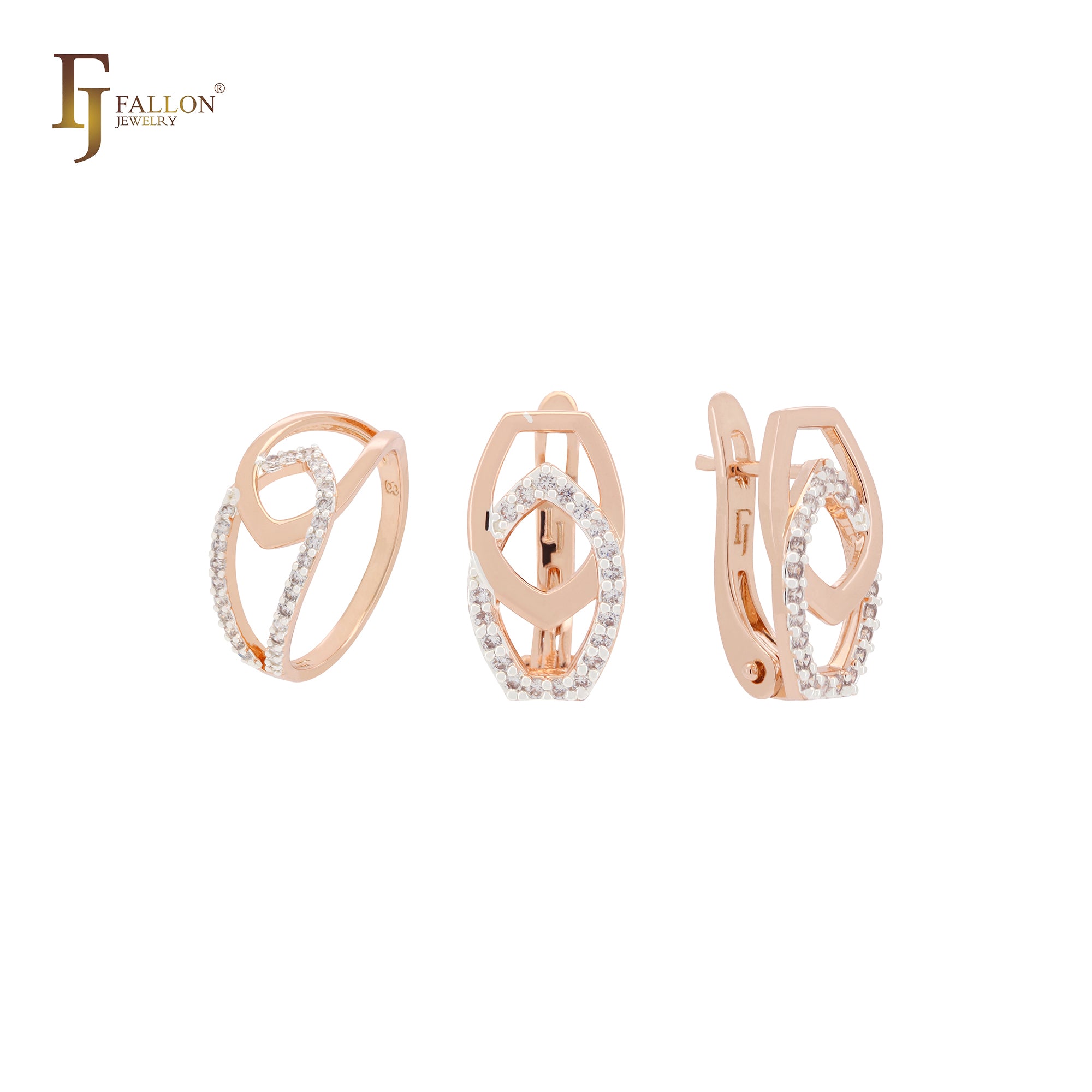 Ineinandergreifende Schnallen aus weißen Zirkonia-Steinen, Roségold-Schmuckset mit Ringen