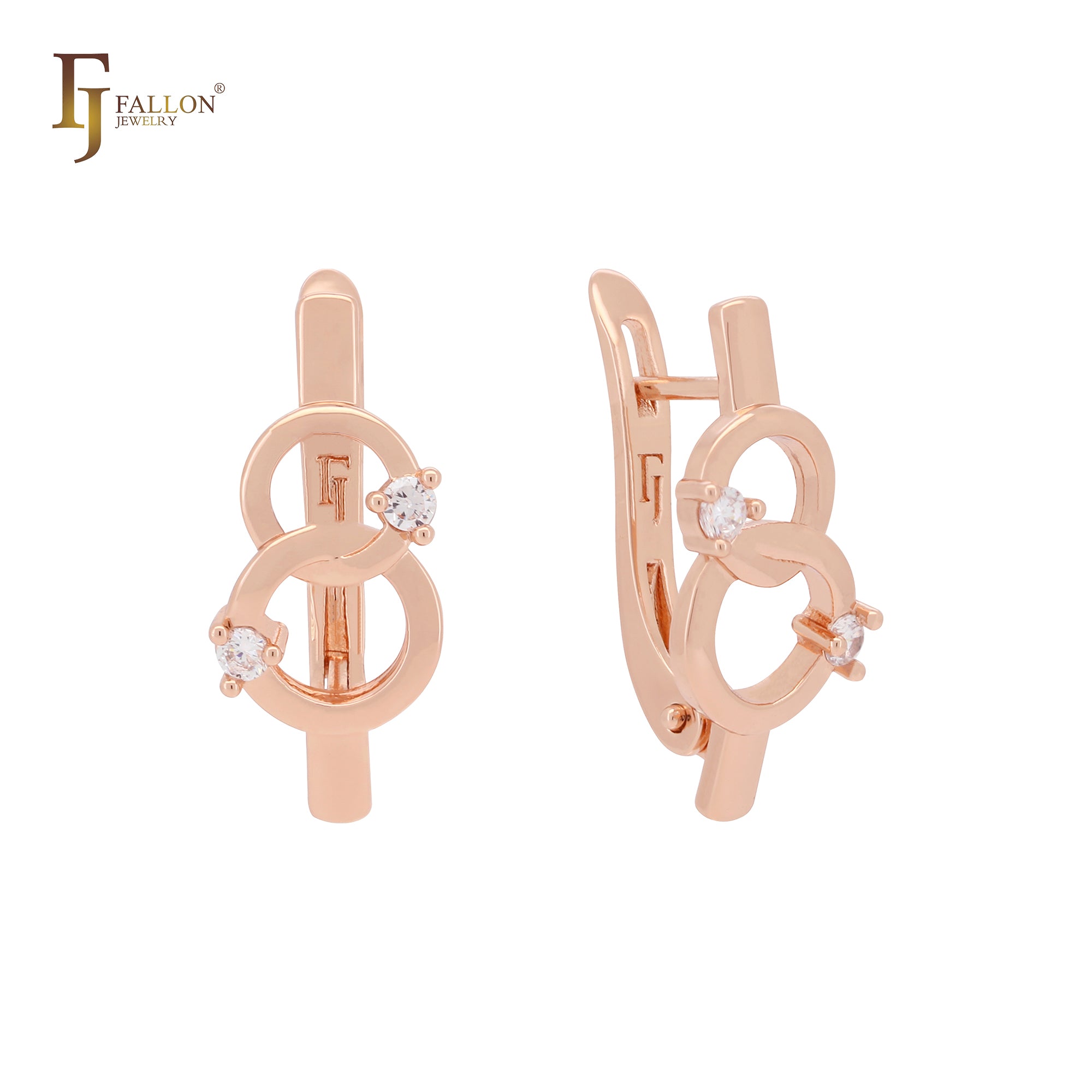 Double interlocking circles with white CZs geometric Rose Gold Russian Lock Earrings