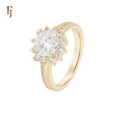 Halo flower Solitaire white CZs 14K Gold Fashion Rings