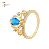 Anéis solitários em formato de pera com zircônia cúbica colorida em ouro 14K, ouro 18K, ouro rosa e coroa de zircônia cúbica branca