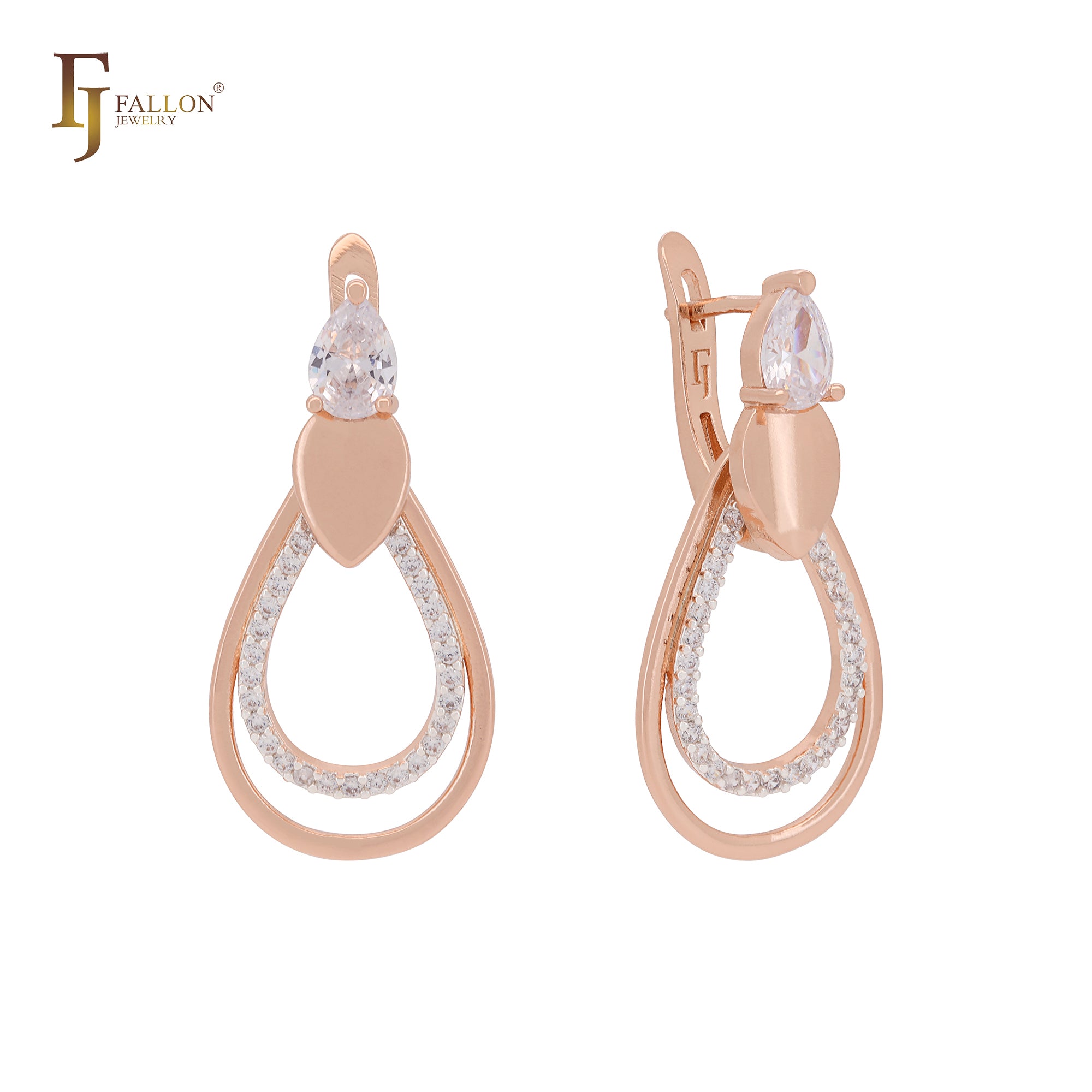 Double teardrop wire shaped white CZs cluster Rose Gold two tone Russian Lock Earrings