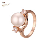 Solitaire pearl rings sided with 2 stones in 18K Gold, 14K Gold, Rose Gold plating colors