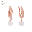 Elegant leave drop pearl with white CZs Rose Gold Russian Lock Earrings