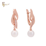 Elegant leave drop pearl with white CZs Rose Gold Russian Lock Earrings