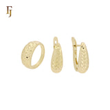 Rose Gold Geometric Jewelry Set – Textured Russian Lock Earrings and Matching Wide Band Ring | Modern Mirror Finish by FJ Jewelry
