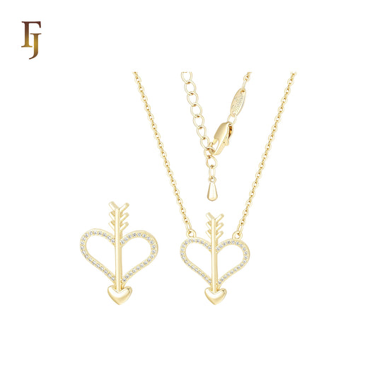 Paved white CZs heart crossing arrow 14K Gold Necklace