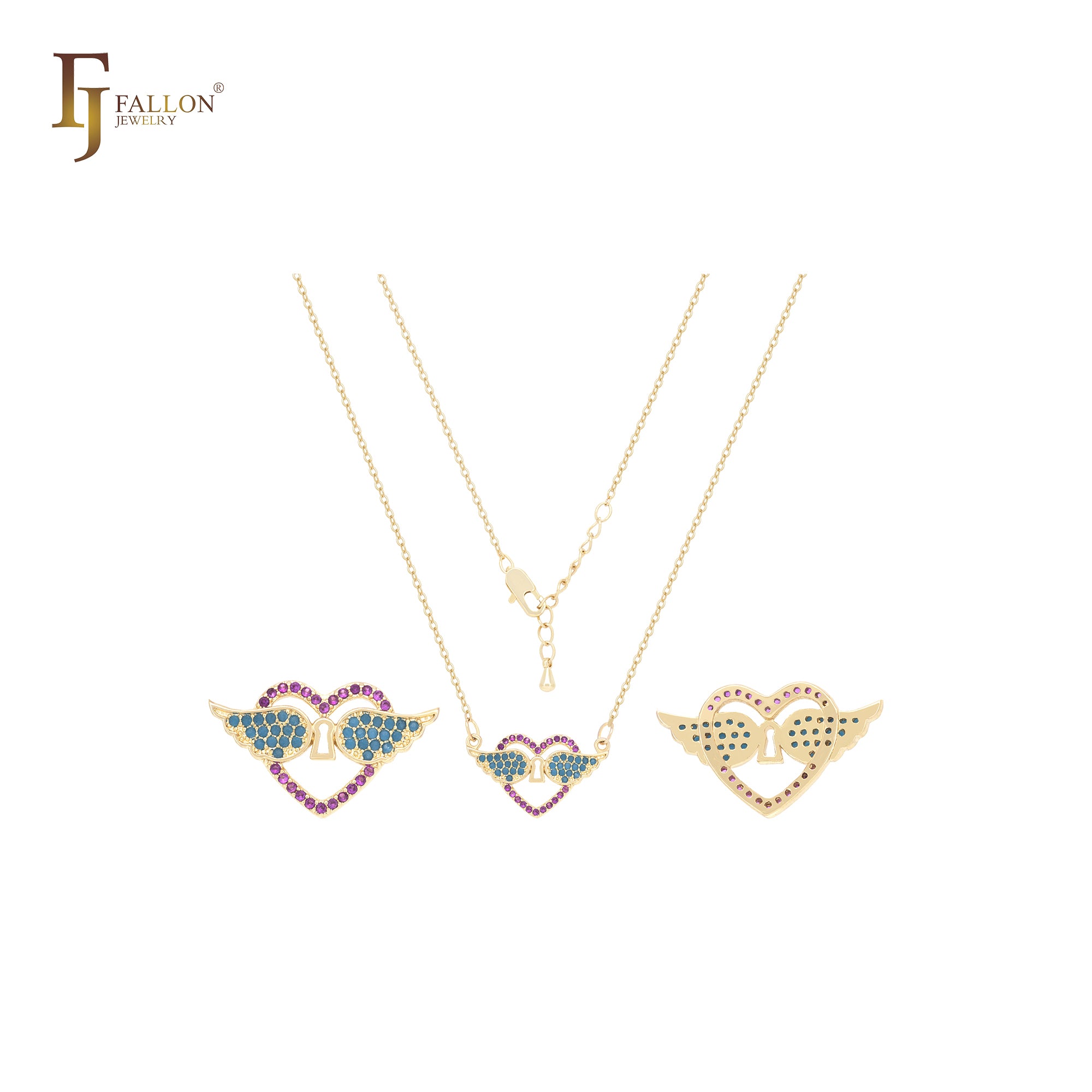 Lock of Heart and wings cluster 14K Gold Necklace