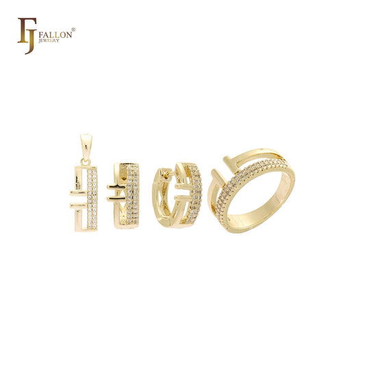 Half opened paved white CZ rings and pendant 14K Gold, Rose Gold jewelry set