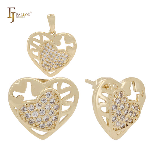 Conjunto de CZs brancos em ouro rosa com corações em conjunto