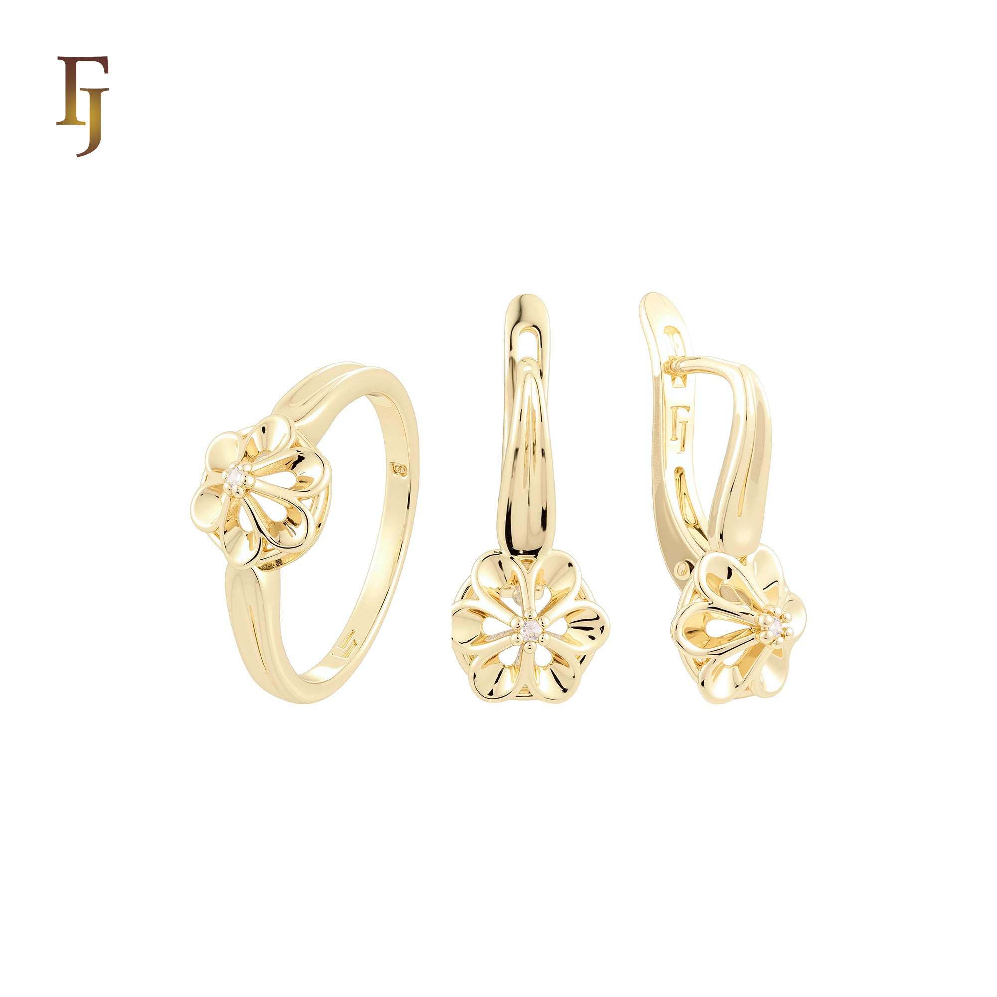 Solitaire white CZs clawed flower 14K Gold Jewelry Set with Rings
