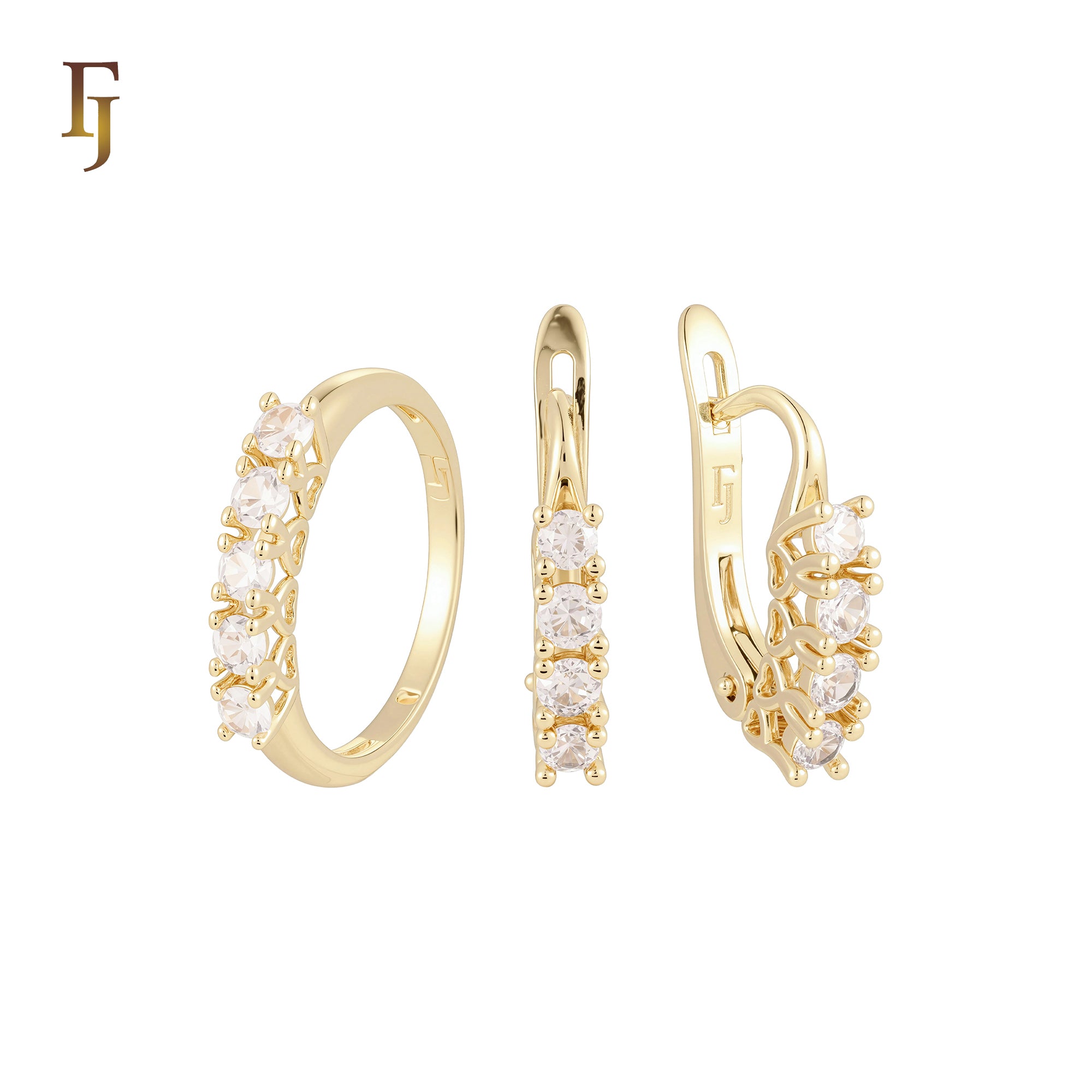 Row of rounded white CZs 14K Gold Jewelry Set with Rings