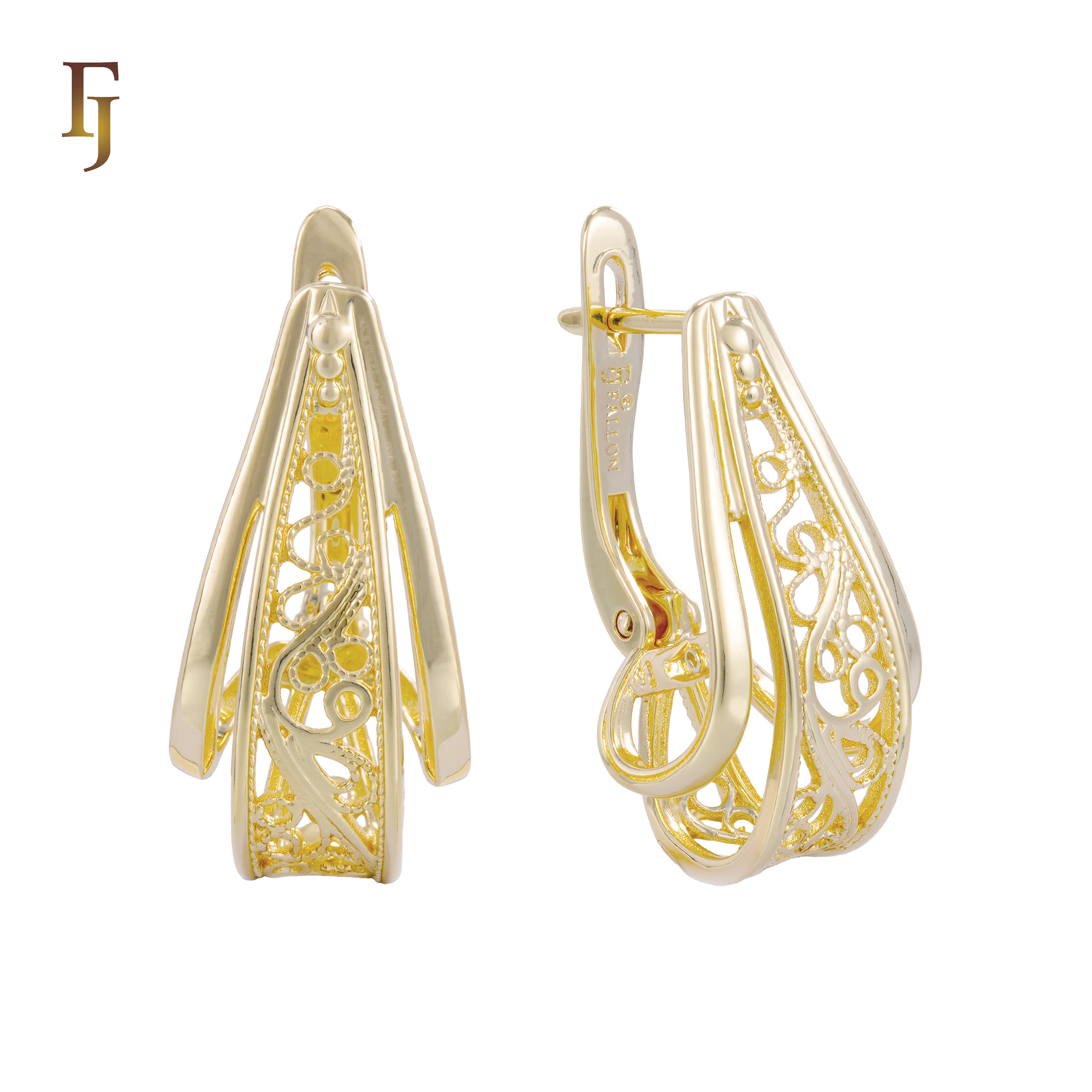 Geometric Filigree Russian Lock Earrings in Gold Plating with Three-Dimensional Design – FJ Jewelry