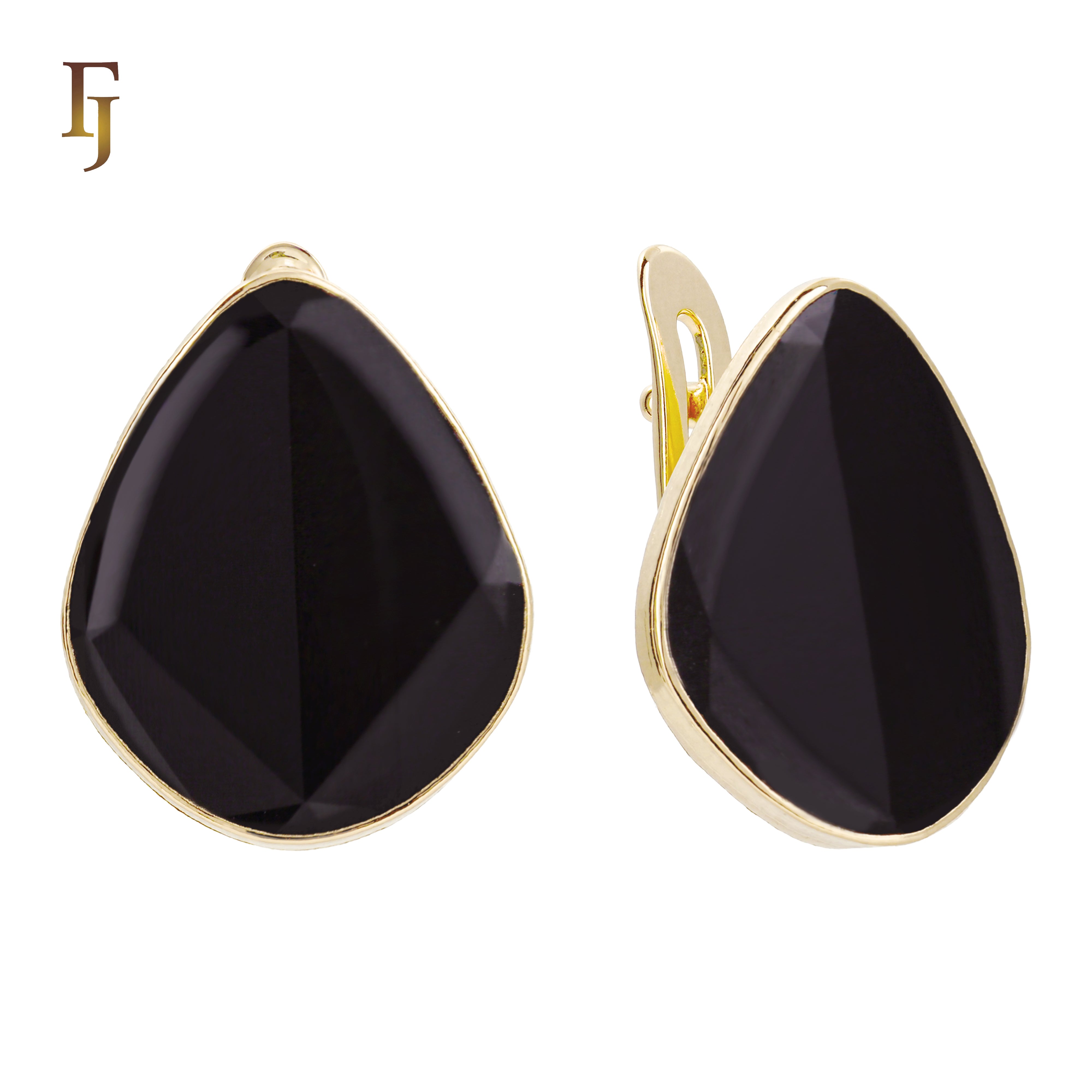 Teardrop Black Stone Russian Lock Earrings in Rose Gold Plating – FJ Jewelry