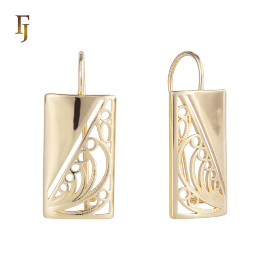 Filigree Rectangle Wire Hook Earrings – Gold-Plated Lightweight Dangle Design – FJ Jewelry