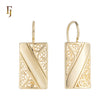 Gold Plated Wire Hook Earrings with Filigree Rectangle Drop Design