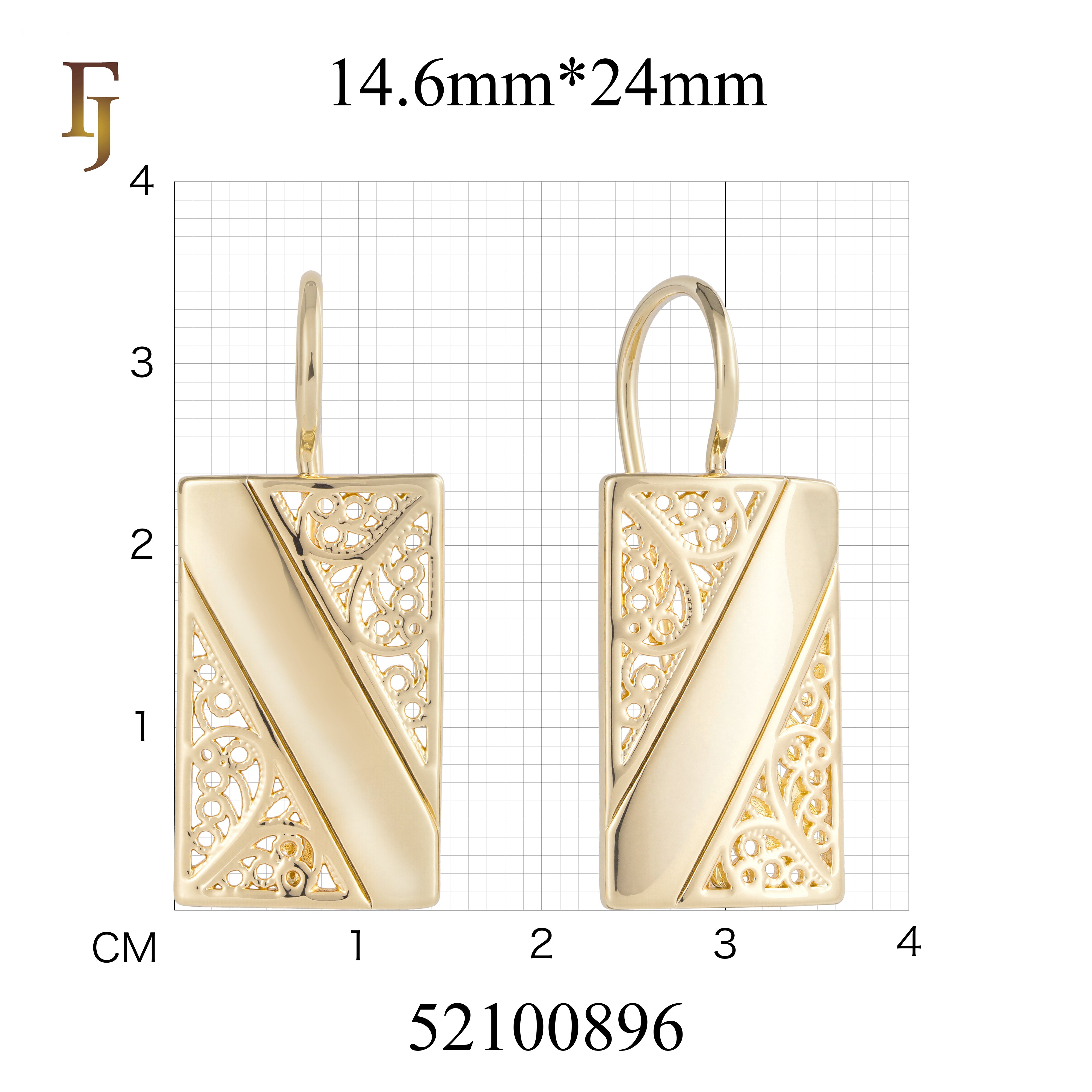 Gold Plated Wire Hook Earrings with Filigree Rectangle Drop Design