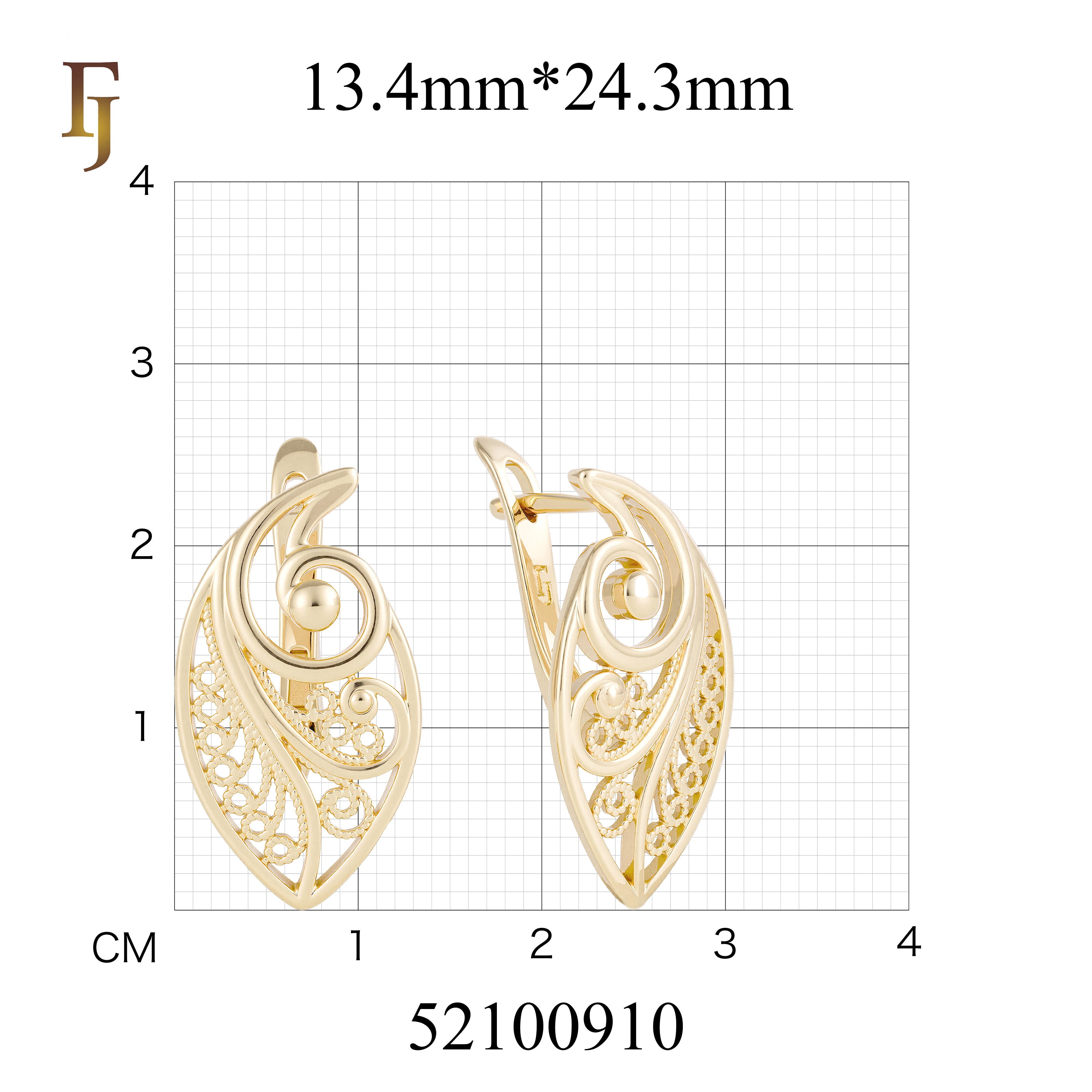 Leaf-Shaped Russian Lock Earrings in Gold with Swirl Filigree Design – Lightweight Elegant Jewelry