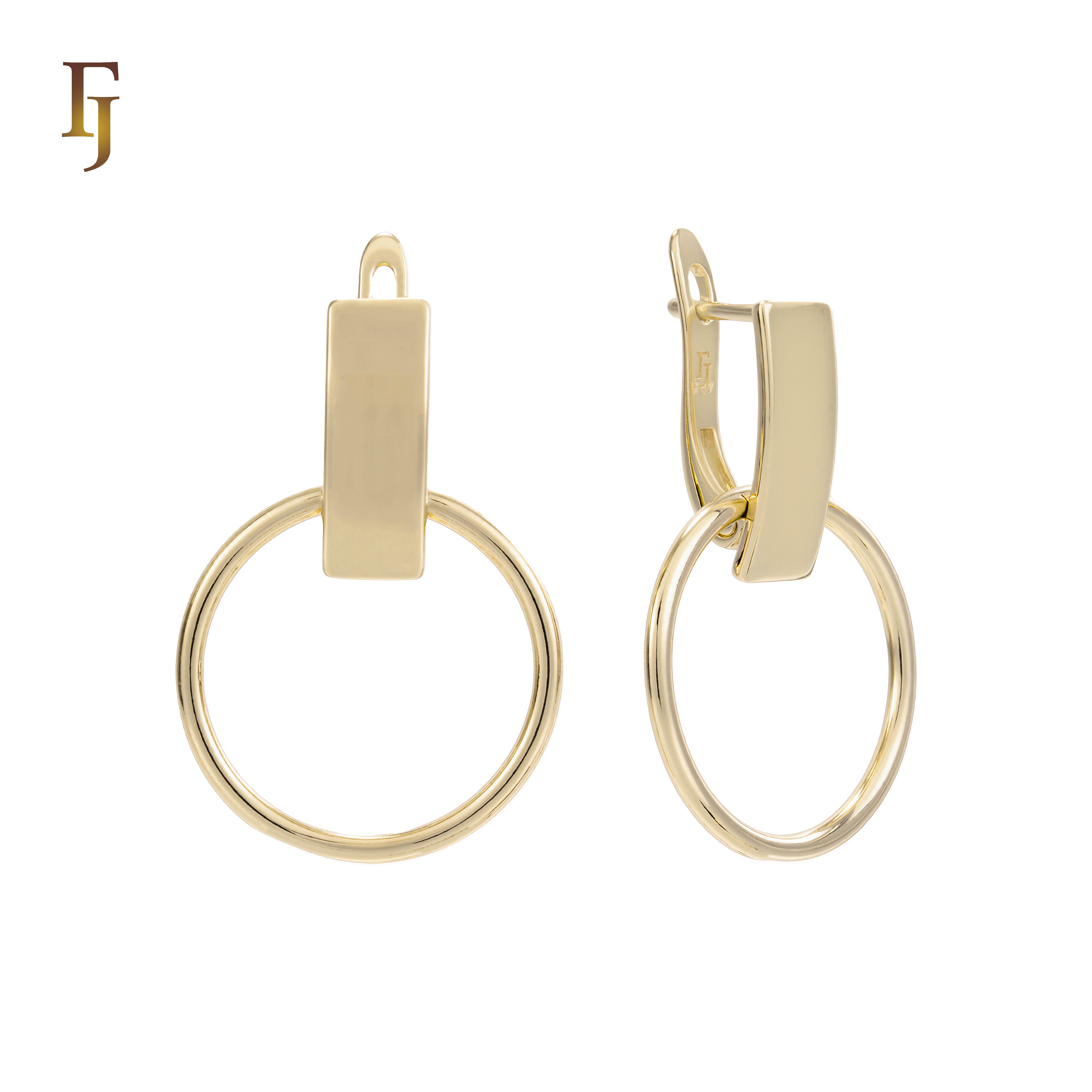 Gold Russian Lock Earrings – Geometric Minimalist Rectangle & Circle Drop | Sleek Non-Tarnish Jewelry by FJ