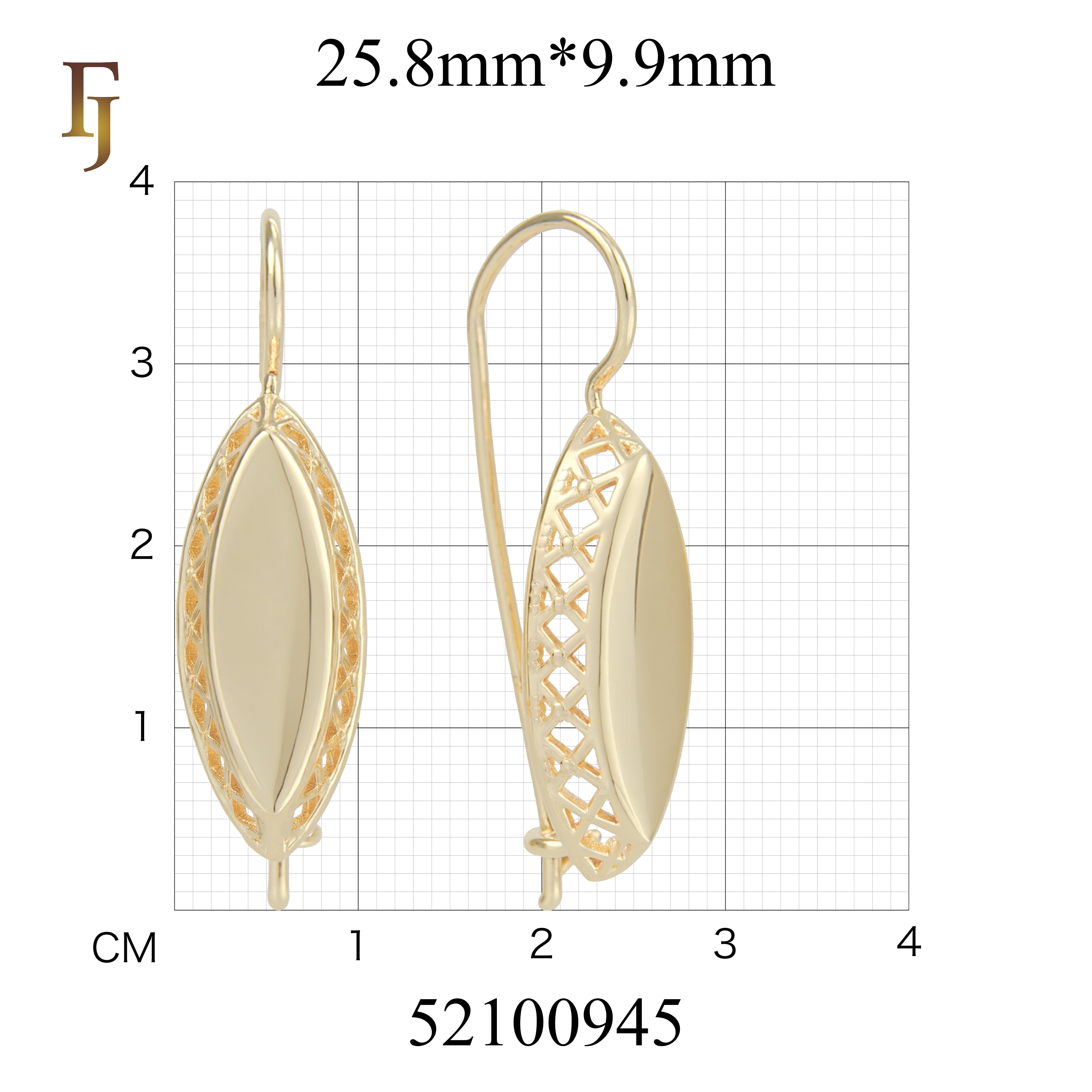 Gold Wire Hook Earrings – Marquise Oval Drop with Lattice Frame | Lightweight Fashion Jewelry by FJ
